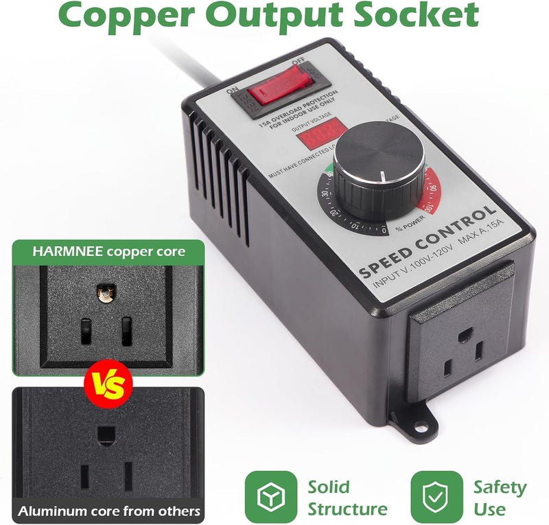 HARMNEE AC Motor Speed Controller 110-120V / 15A Max / 10A Rated Variable Fan Speed Controller AC Electronic Voltage Regulator with Overload Protection Switch & Voltage LED Display Screen - Image 3